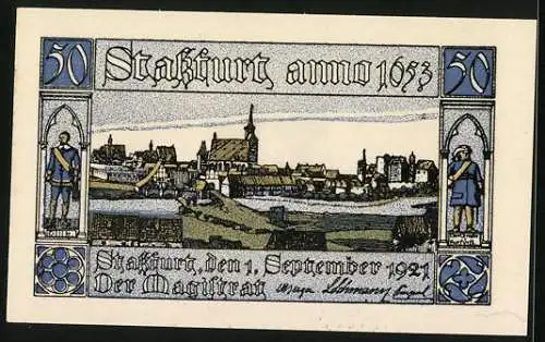 Notgeld Stassfurt 1921, 50 Pfennig, Ortsansicht anno 1653