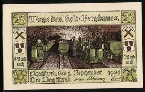 Notgeld Stassfurt 1921, 25 Pfennig, Berlepsch-Schacht, Streckenförderung