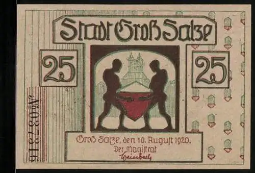 Notgeld Gross Salze 1920, 25 Pfennig, Männer tragen einen Eimer Salz