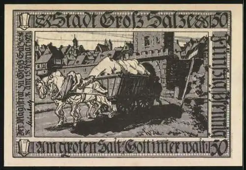 Notgeld Gross Salze 1921, 50 Pfennig, Pferde ziehen Salzfelsen