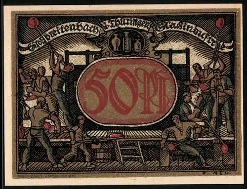 Notgeld Grossbreitenbach i. Thüringen, 50 Pfennig, Glasbläser bei der Arbeit