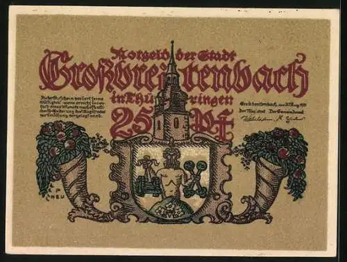 Notgeld Grossbreitenbach i. Thüringen, 25 Pfennig, Handwerksbursch kommt in die Stadt