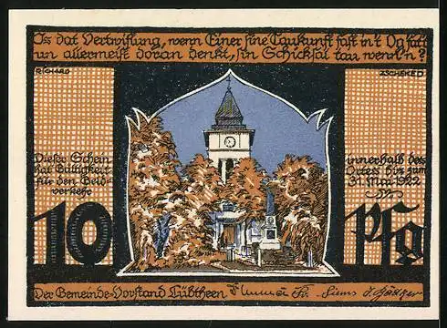Notgeld Lübtheen, 10 Pfennig, Blick zur Kirche