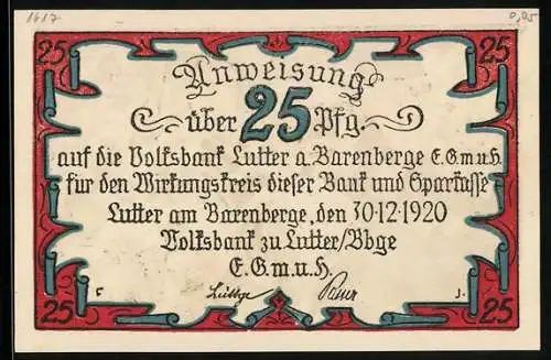 Notgeld Lutter am Barenberge 1920, 25 Pfennig, Tilly nach der Schlacht