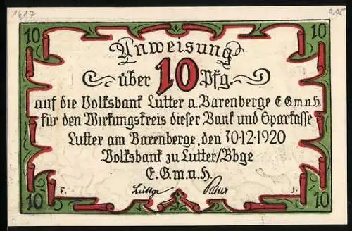 Notgeld Lutter am Barenberge 1920, 10 Pfennig Die Flucht Christians von Dänemark nach der Schlacht
