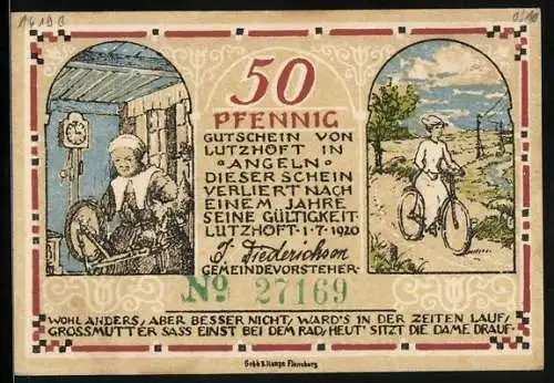 Notgeld Lutzhöft in Angeln 1920, 50 Pfennig, Rinder rennen über die Grenze