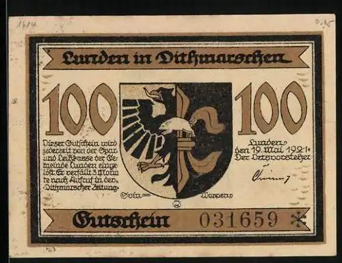 Notgeld Lunden /Dithmarschen 1921, 100 Pfennig, Grab von Peter Gwin