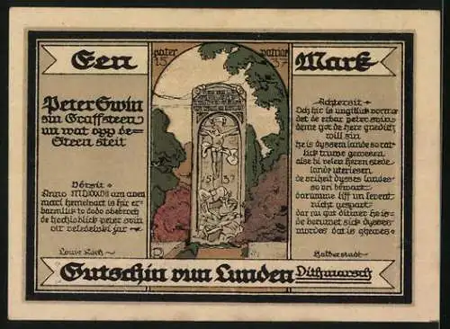 Notgeld Lunden /Dithmarschen 1921, 100 Pfennig, Grab von Peter Gwin