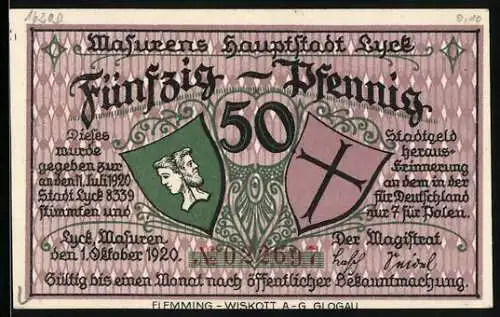 Notgeld Lyck /Masuren 1920, 50 Pfennig, Ortsansicht vom See aus