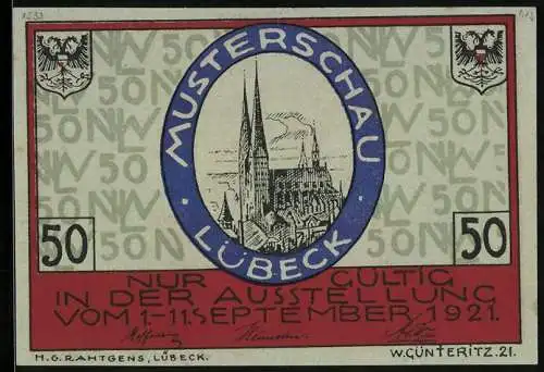 Notgeld Lübeck 1921, 50 Pfennig, Ausstellung Nordische Woche, Ansicht vom Dom