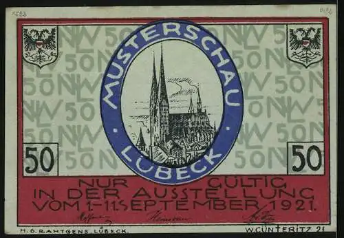 Notgeld Lübeck 1921, 50 Pfennig, Ausstellung Nordische Woche, Der Lübecker Dom