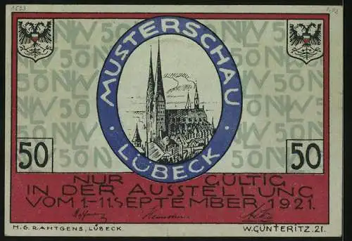 Notgeld Lübeck 1921, 50 Pfennig, Ausstellung Nordische Woche, Der Dom von Lübeck
