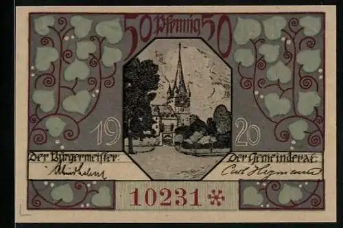 Notgeld Oberlind 1920, 50 Pfennig, Blick zur Kirche
