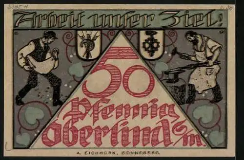 Notgeld Oberlind 1920, 50 Pfennig, Blick zur Kirche