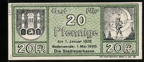 Notgeld Bodenwerder 1920, 20 Pfennig, Stadtwappen, Männchen im Mond