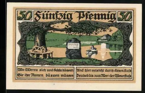 Notgeld Hann. Münden 1922, 50 Pfennig, Dampfer auf der Werra, Stadtwappen
