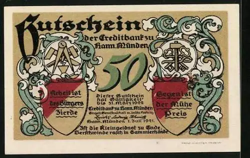 Notgeld Hann. Münden 1922, 50 Pfennig, Dampfer auf der Werra, Stadtwappen