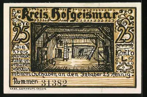 Notgeld Hofgeismar, 25 Pfennig, Niedersächsisches Bauernhaus, Stube