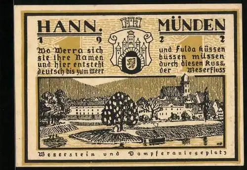 Notgeld Hann. Münden 1922, 1 Mark, Weserstein und Dampferanlegeplatz