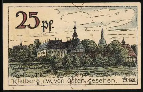 Notgeld Rietberg i. W. 1921, 25 Pfennig, Ortsansicht von Osten