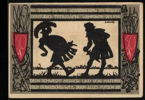 Notgeld Detmold 1920, 50 Pfennig, Herr Centurio Titiussen in Rüstung, Stadtwappen