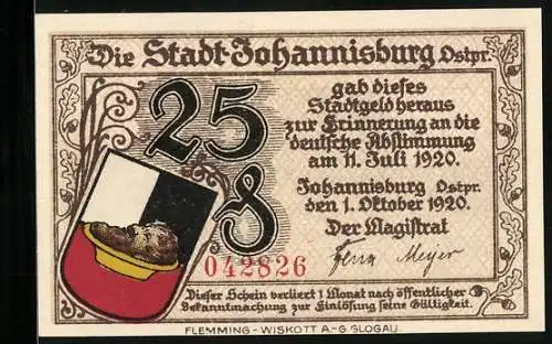 Notgeld Johannisburg 1920, 25 Pfennig, Stadtwappen, Rathaus