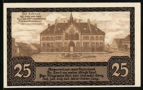 Notgeld Johannisburg 1920, 25 Pfennig, Rathaus, Stadtwappen