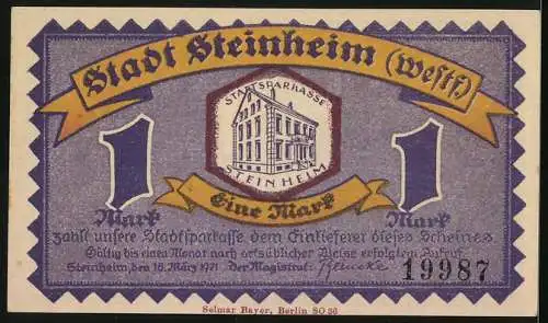 Notgeld Steinheim 1921, 1 Mark, Rathaus, Stadtsparkasse