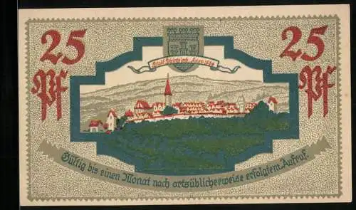Notgeld Steinheim 1921, 25 Pfennig, Ortsansicht, Stadtwappen