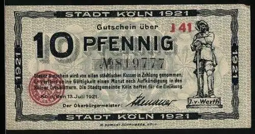Notgeld Köln 1921, 10 Pfennig, J. v. Werth Statue, Abschied Jan un Griet