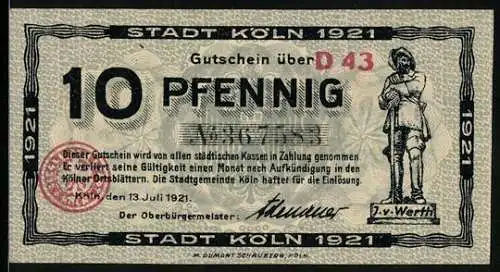 Notgeld Köln 1921, 10 Pfennig, Statue von J. v. Werth