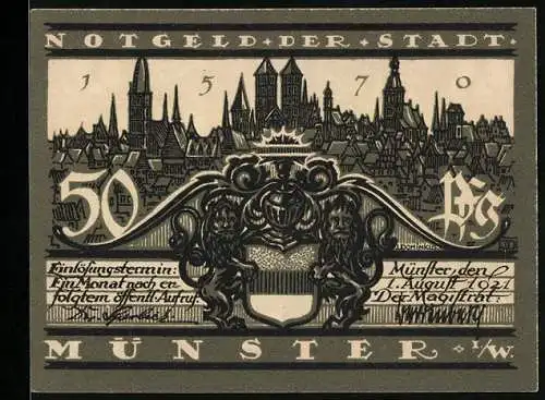 Notgeld Münster 1921, 50 Pfennig, Stadtwappen, Schmisinger Hof