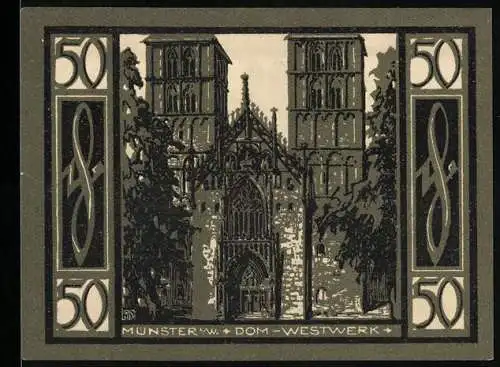 Notgeld Münster 1921, 50 Pfennig, Dom-Westwerk, Stadtwappen