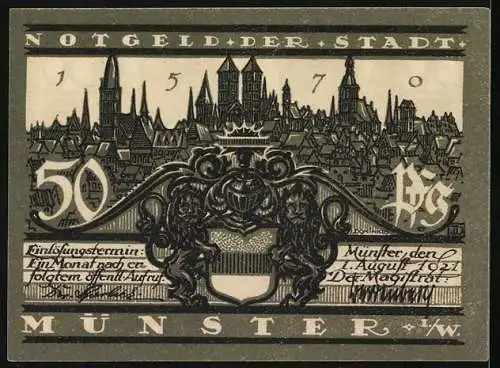 Notgeld Münster 1921, 50 Pfennig, Dom-Westwerk, Stadtwappen