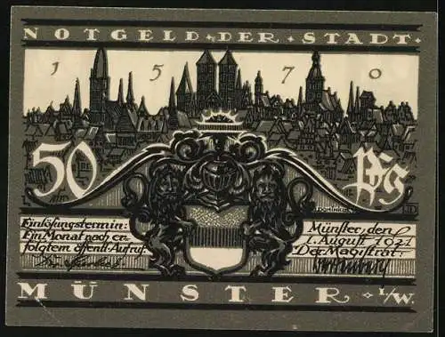 Notgeld Münster 1921, 50 Pfennig, Rathaus, Stadtwappen