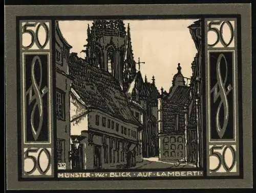 Notgeld Münster 1921, 50 Pfennig, Blick auf Lamberti