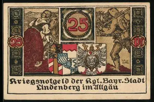 Notgeld Lindenberg 1918, 25 Pfennig, Stadtwappen, Soldat, Bäuerin