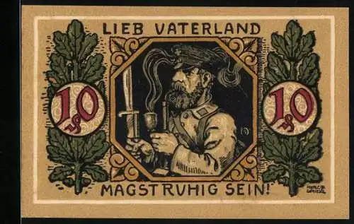 Notgeld Lindenberg 1918, 10 Pfennig, Soldat mit Pfeife