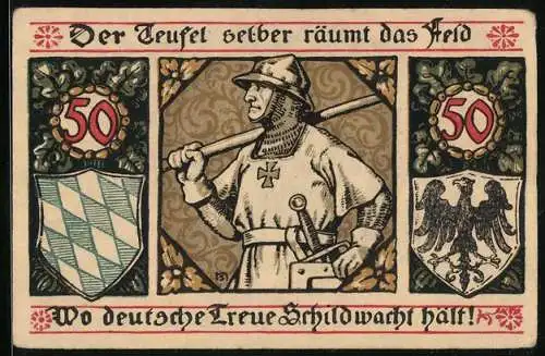 Notgeld Lindenberg 1917, 50 Pfennig, Kreuzritter, Stadtwappen
