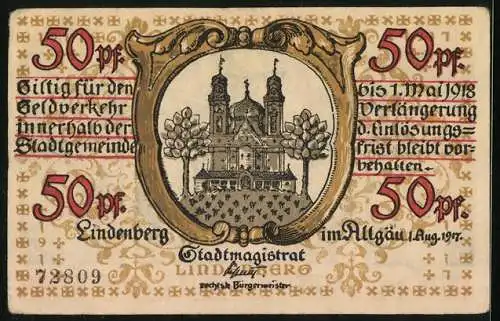 Notgeld Lindenberg 1917, 50 Pfennig, Kreuzritter, Stadtwappen