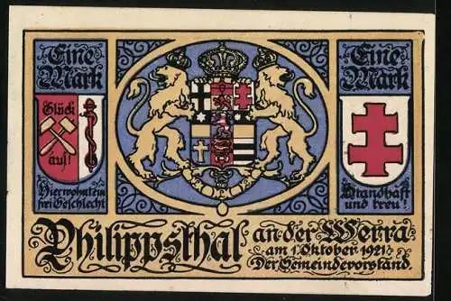 Notgeld Philippsthal 1921, 1 Mark, Marktplatz, Hahn, Stadtwappen