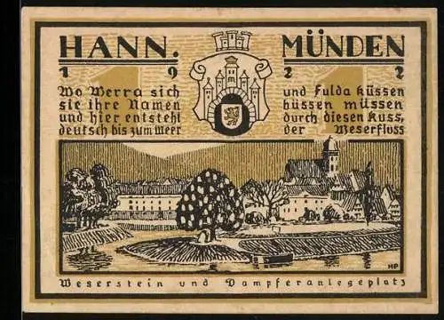 Notgeld Hann. Münden 1922, 1 Mark, Weserstein und Dampferanlegeplatz, Bremer Schlagd