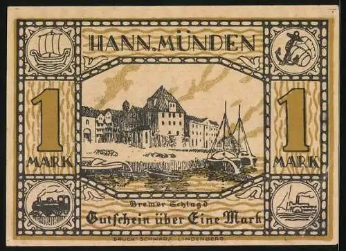 Notgeld Hann. Münden 1922, 1 Mark, Weserstein und Dampferanlegeplatz, Bremer Schlagd