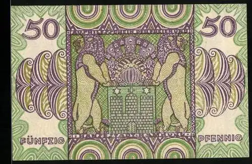 Notgeld Hamburg 1920, 50 Pfennig, Löwen mit Stadtwappen