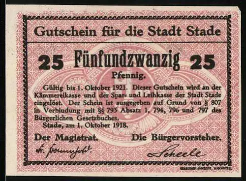Notgeld Stade 1918, 25 Pfennig, Unterschrift vom Magistrat und Bürgervorsteher