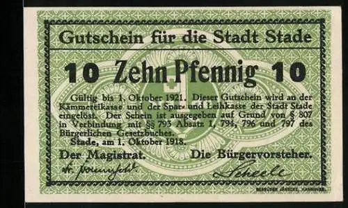 Notgeld Stade 1918, 10 Pfennig, Unterschrift des Bürgervorsteher Scheele