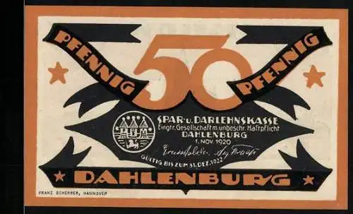 Notgeld Dahlenburg 1920, 50 Pfennig, Stadtwappen, Silhouette vom Ort