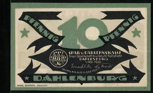 Notgeld Dahlenburg 1920, 10 Pfennig, Silhouette vom Ort, Stadtwappen