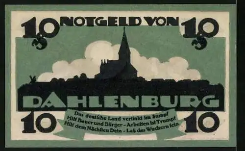 Notgeld Dahlenburg 1920, 10 Pfennig, Silhouette vom Ort, Stadtwappen