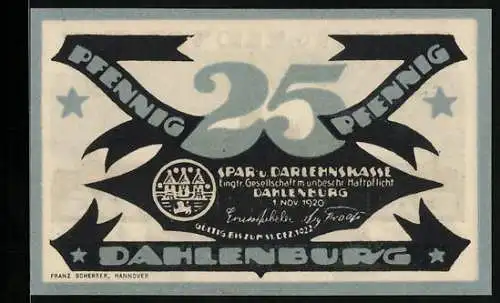 Notgeld Dahlenburg 1920, 25 Pfennig, Stadtwappen, Silhouette mit Kirche